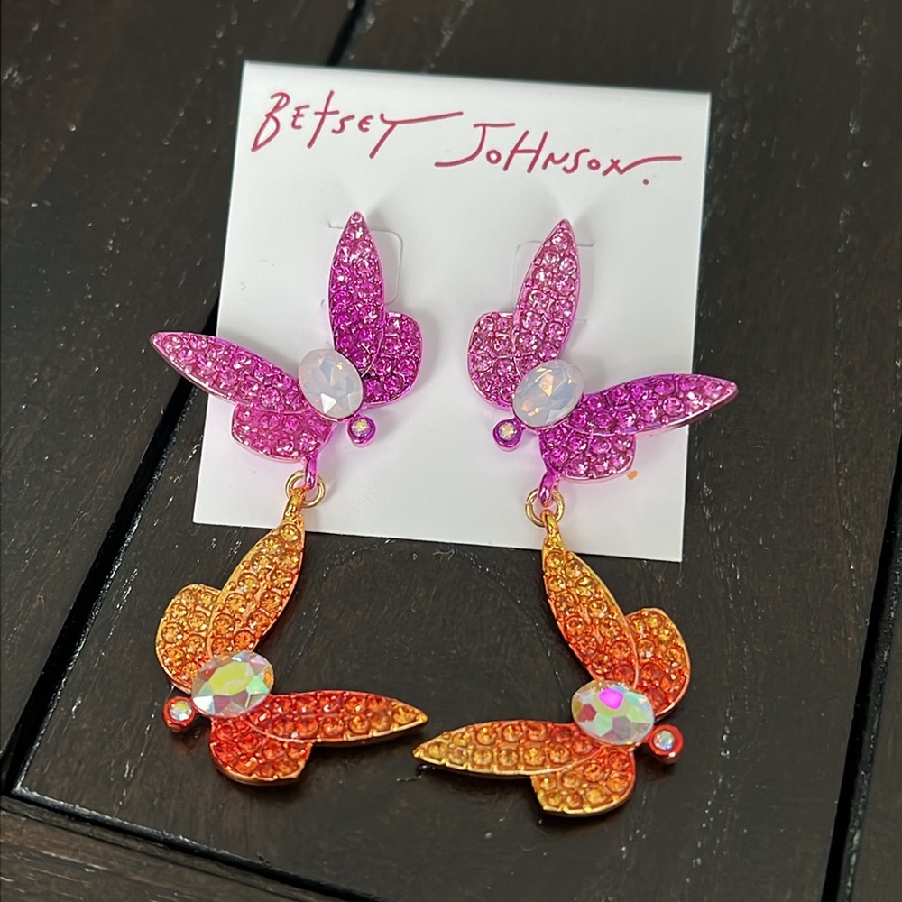 Betsey Johnson Pink and Orange Crystal Butterfly Earrings
